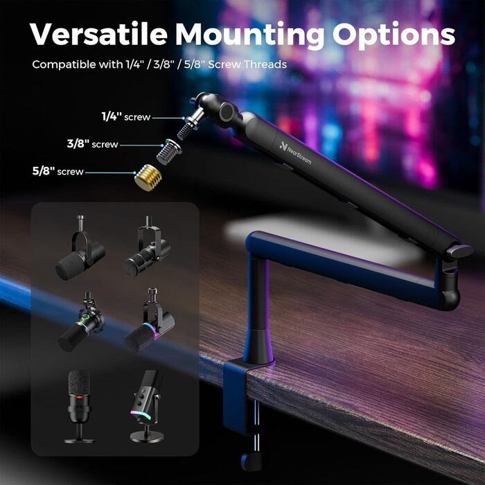 Підставка для мікрофона NearStream ST20 з поворотним кріпленням 360°, регульована висота та адаптер 3/8-5/8 - для подкастів, стрімінгу, геймінгу, офісу