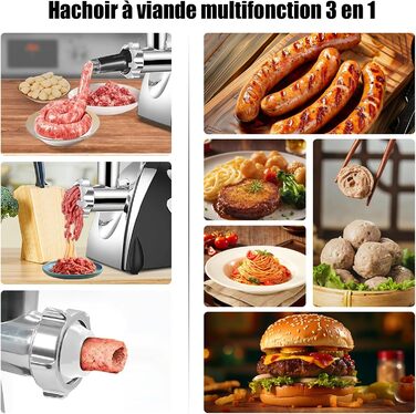 Electric Meat Grinder 2800W 3-in-1 Stainless Steel Meat Grinder with 3 Plates (3mm, 5mm, 7mm), Kubbe Attachment & Sausage Stuffer, 80kg/hr - Black