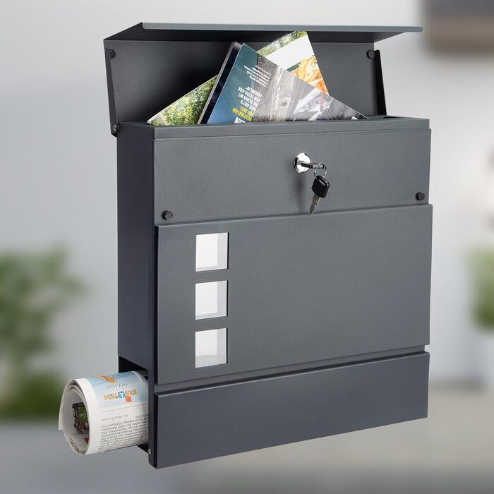 Поштовий ящик Monzana XXL з газетницею та оглядовим вікном, сталевий, антрацит, з ключем (2 ключі), для настінного монтажу