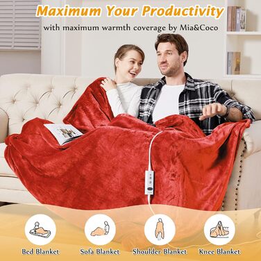 Електрична ковдра Mia&Coco з автовимкненням, 180x200 см, 10 режимів нагріву, таймер до 9 годин, захист від перегріву, пральна, блакитна (червона)