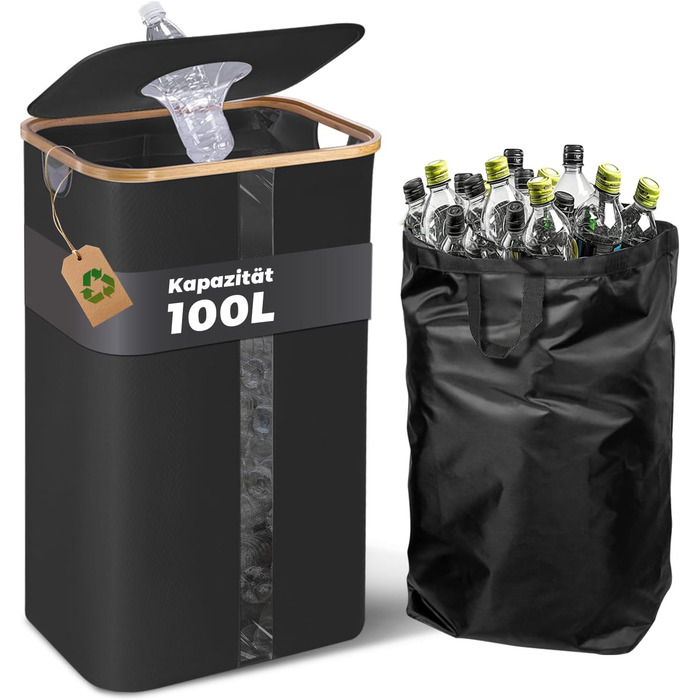 Laundry basket with 2 compartments, deposit bottle collection container with lid, container for deposit bottles & glass recycling & paper waste, deposit bottle container bamboo with bag, must-have (Black - visualization, 100L)