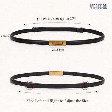 Жіночий шкіряний ремінь WERFORU - тонкий, регульований, з декоративною золотистою пряжкою. Довжина 105 см, підходить для розміру талії до 93 см (чорний+срібло)