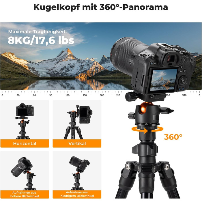 Штатив K&F Concept O234A1: компактний, легкий, для камери та смартфона, 163 см, алюміній