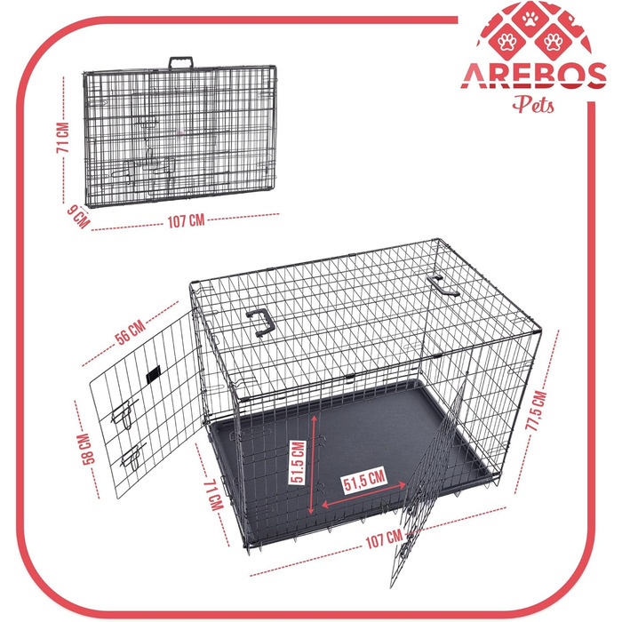 Клітка для собак Arebos | Транспортна переноска для собак, складна | Клітка-переноска для собак з 2 дверцятами | Клітка для собак вдома | Чорний (107 x 71 x 77,5 см)