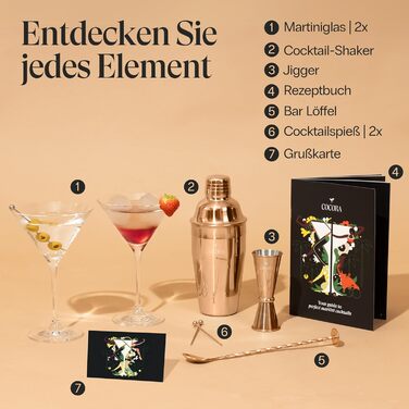 Коктейльний набір Cocora Martini 8 предметів з нержавіючої сталі: шейкер, келихи для Мартіні, книга рецептів, подарункова упаковка (Рожевий)