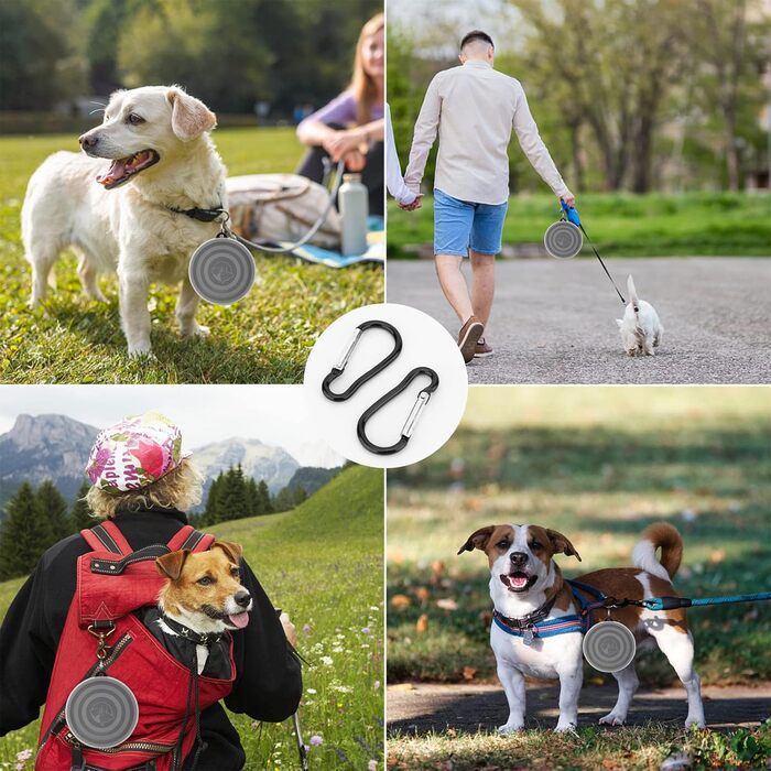 Складані годівниці для собак SLSON, 2 шт., з кришкою та карабінами, для прогулянок, подорожей та повсякденного використання, чорний, маленькі