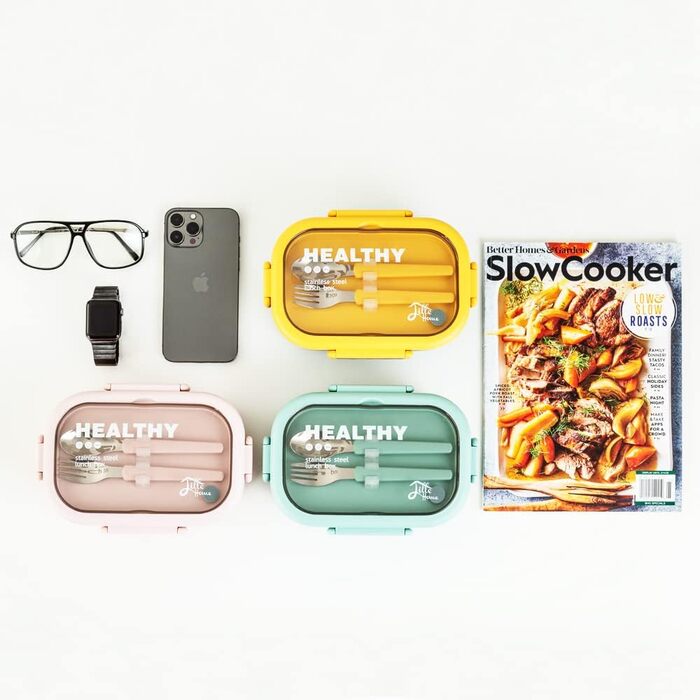 Ланчбокс Lille Home з нержавіючої сталі з 2 відділеннями, 850 мл, витокостійкий, з сумкою та столовими приборами, BPA-free, рожевий