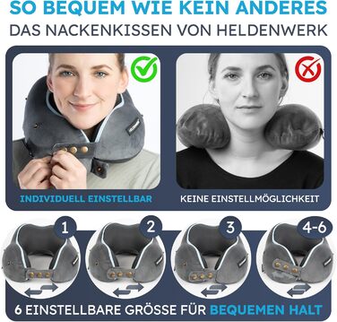 Подушка для шиї Comfy від HELDENWERK для подорожей: Memory Foam, 6-позиційне регулювання, для автомобіля та літака, дихаюча, миється, сірий