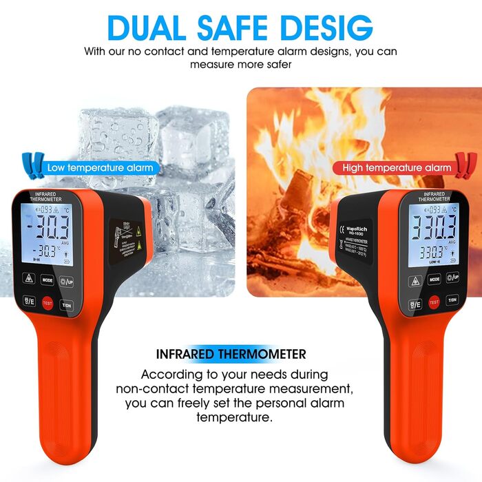 Інфрачервоний термометр WapoRich Pyrometer -50~1600°C, DS 30:1 з подвійним лазером, цифровий, перезаряджається, для піци, печей, промисловості, HVAC. Модель RQ-1600