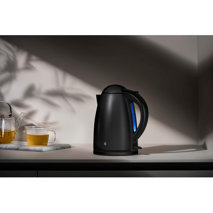 WMF Stelio Electric Kettle, Stainless Steel, 1.7L, Electric Kettle with Scale Filter, 2400 W, Illuminated Water Level Indicator, Matte Black Stainless Steel