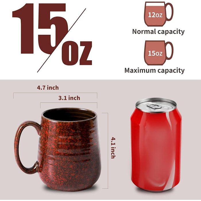 Набір кавових чашок Hasense, темно-сірий, 4 шт, 340 мл, з великою ручкою, для кави, чаю, молока та гарячого шоколаду, легко миються, підходять для мийки та мікрохвильової печі