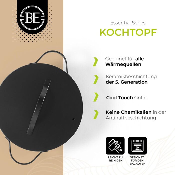 Каструля Be Living Essential з кришкою, 24 см, 4 л, антипригарне покриття Keramik Antihaft, для індукційних плит, без PTFE та PFOA, чорна