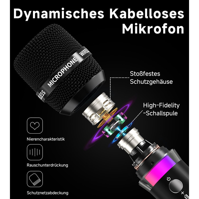 Бездротовий мікрофон з LED-підсвіткою, подвійний, акумуляторний, караоке, чорний