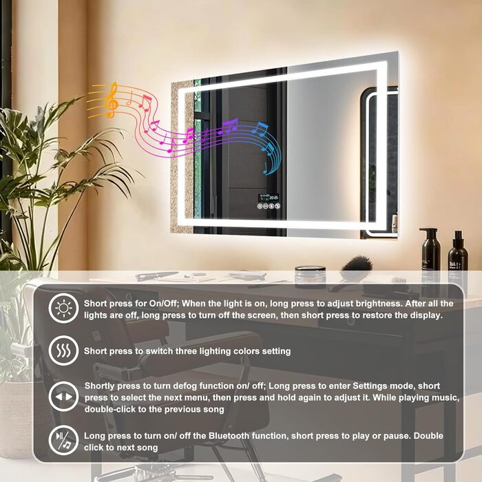 Дзеркало для ванної кімнати LUVODI з підсвічуванням: 100x70 см, годинник, температура, дата, антизапар, регулювання яскравості, 3 кольори світла, функція пам'яті, LED, водонепроникне, Bluetooth