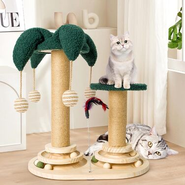 Інтерактивне котяче іграшкове комбо 6-в-1: дерев'яні меблі, кульки, пір'я, м'яч-трекер, когтеточка з сизалю та джуту для котів середніх та маленьких порід (білий, зелений)