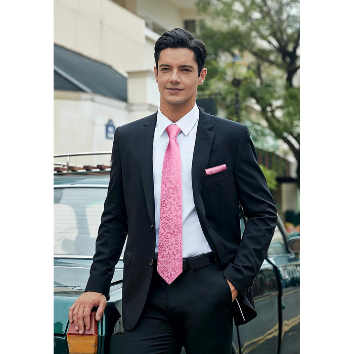 Краватка для чоловіків HISDERN на весілля з хустинкою, візерунок Paisley, формальна класична краватка та хустинка для чоловіків (N-Рожевий)