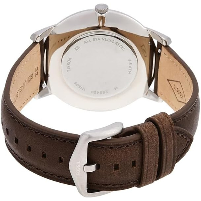Годинник Fossil для чоловіків The Minimalist 3H, кварцовий механізм, 44 мм, срібляста сталева коробка та шкіряний ремінь, FS5439, білий та коричневий