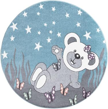 Дитячий килим Teddy-Bär, круглий 160 см, синій/сірий, короткий ворс, зі зірками та метеликами, м'який килимок для дитячої кімнати
