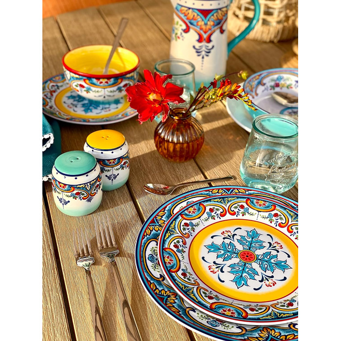 Набір посуду Euro Ceramica Zanzibar Collection, 16 предметів, для кухні та їдальні, на 4 особи, з іспанським квітковим візерунком, блакитно-жовтий посудовий набір