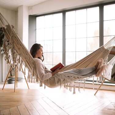 Bellzacasa Large Brazilian Hammock, Fabric Camping Hammock with Portable Bags Ropes for Hanging from Trees Soft Striped Canvas Cotton (Beige)