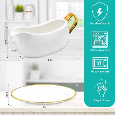Cheardia Saucepan with Tray, 400 ml, white ceramic saucepan with gold trim, ergonomic handle and large drip-free spout for salad dressings, cream, broth, black pepper
