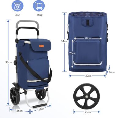 Тролей для покупок Sekey 60L, 3-в-1, складна, з алюмінію, регульована ручка, з відділенням для їжі та напоїв, великий, для покупок та кемпінгу (Блакитний)