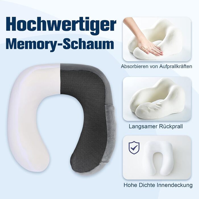 Подушка для шиї в літак, доросла, з піною з пам'яті, регульована, компактна, ергономічна, м'яка, дихаюча, з навушниками, маскою для очей, чохлом (Сірий)