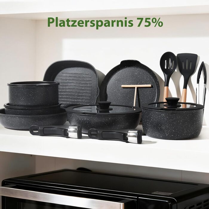 Набір каструль та сковорідок Induktion GMISUM 22 шт. з знімними ручками, для всіх типів плит, чорний