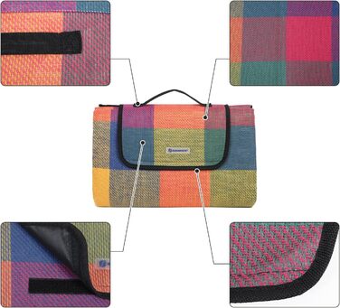 SONGMICS Плед для пікніка 195x150 см, вологостійкий, для парку, саду, пляжу, червоно-зелено-оранжевий, згинається, машинного прання, GCM50K