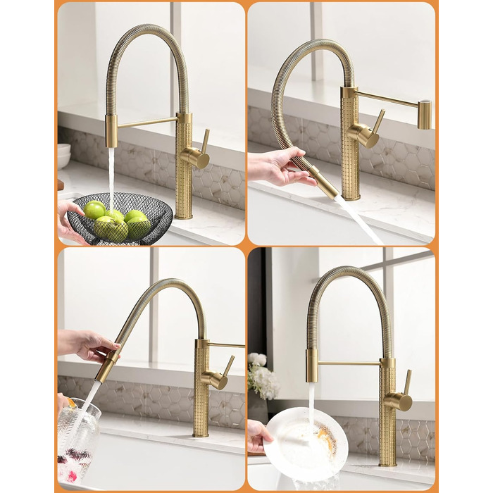 Кухонний змішувач TIMACO висувний, поворотний на 360°, золото. Змішувач для кухні, одноручний, для мийки.