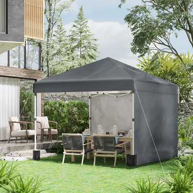 Outsunny Folding Gazebo 2.97 x 2.97 m with Side Walls, UV Protection Camping Tent, Party Tent with Sandbag, Steel Dark Gray for Garden & Terrace