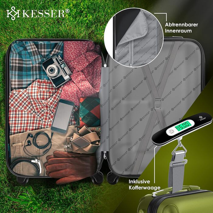 KESSER® 3-Piece Hard Shell Luggage Set - Hard Shell Suitcase - Trolley Case - Travel Suitcase - Luggage Set - Rolling Suitcase - Lock - 4 Wheels - ABS Hard Shell - Telescopic Handle - M-L-XL (Khaki)