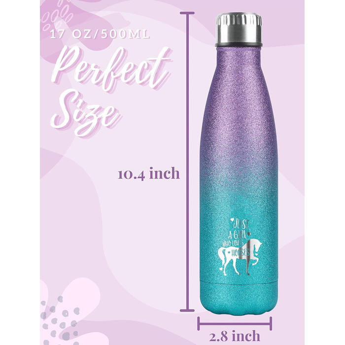 Horse gifts for girls, women, horse water bottle, insulated stainless steel water bottle, riding gifts for horse lovers, for birthdays, Christmas, back to school, violet-blue