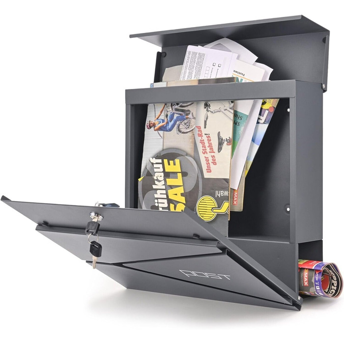 Поштовий ящик Verda з газетницею, нержавіюча сталь, антрацит, 2 ключі - дизайнерський настінний ящик з прихованим замком