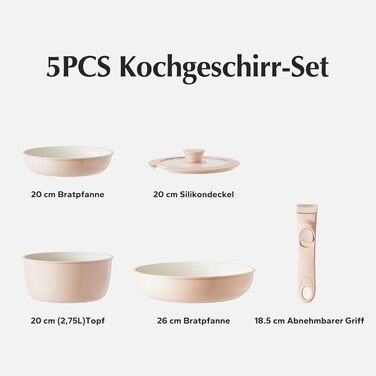 Redchef Ceramic Cookware Set with Detachable Handle, RV Cookware Set for Camping, Ceramic Non-Toxic Pot and Pan Set, PTFE-free, PFAS-free, PFOA-free, Space-Saving, Dishwasher-Safe (5-Piece Pink)