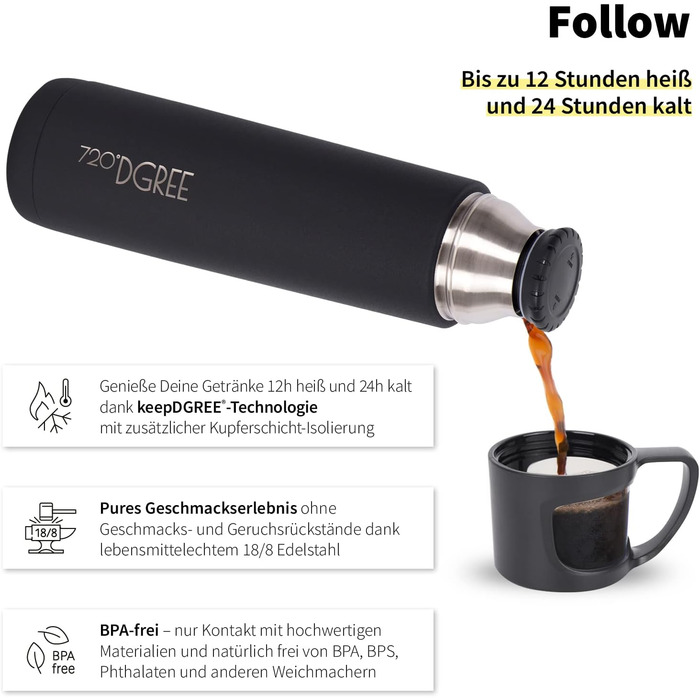 720°DGREE Thermoskanne with Cup 1l “Follow” - 3 Sizes, 12h Hot, 24h Cold, Leak-Proof, BPA-Free - Stainless Steel Thermos Flask, Insulated Bottle for Coffee, Tea at Work, School, To Go