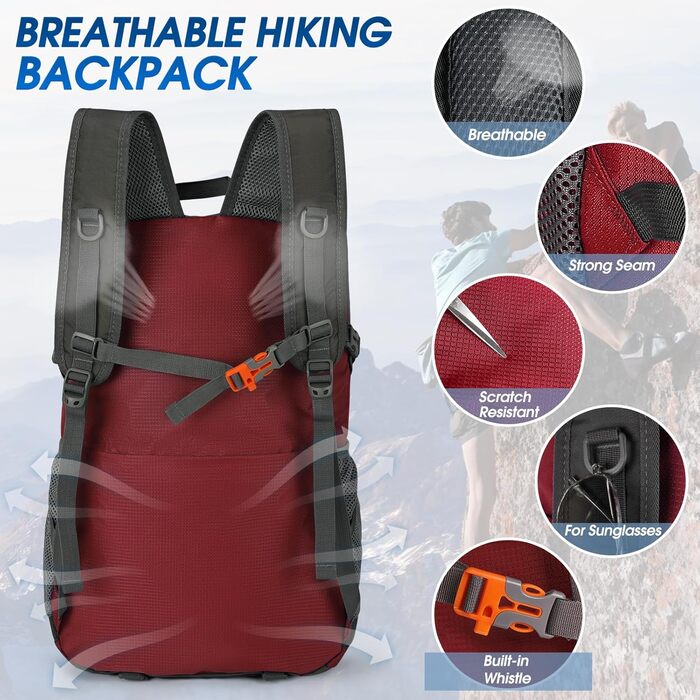 IGOLUMON Hiking Backpack Men Women 40L Waterproof Backpack Lightweight Foldable Travel Backpack Trekking Backpack with Reflective Strips For Cycling, Climbing, Mountaineering and Travel Sports, Red