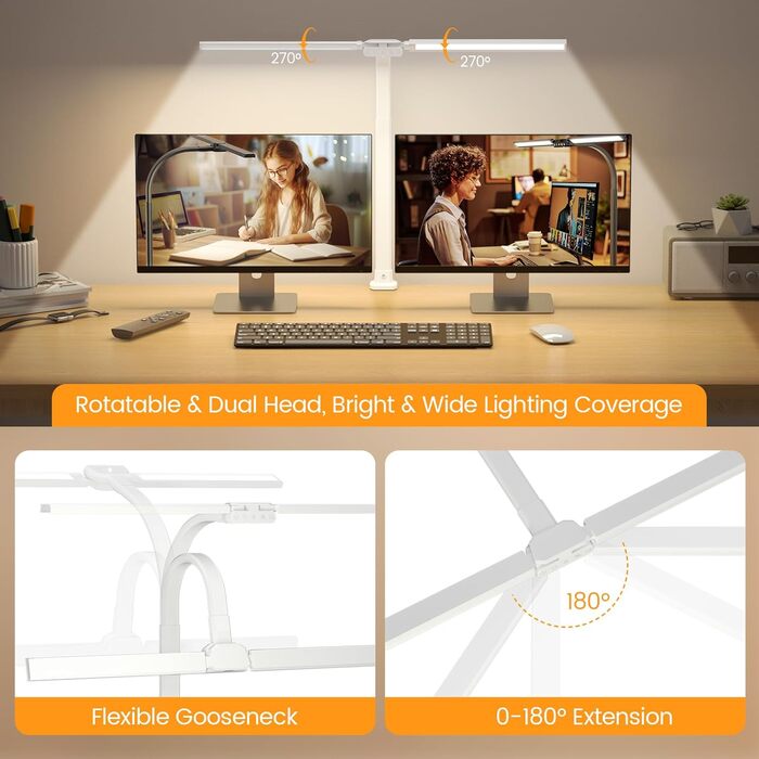 SIBRILLE Dual-Head LED Desk Lamp - Adjustable, Dimmable, Eye Protection, RGB - for Office, Home, and PC Use