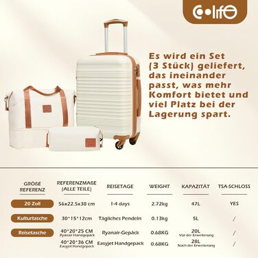 Набір валіз COOLIFE 3 в 1: великий дорожній набір 71 см + сумка та косметичка | ABS, 360° колеса, TSA-замок. Ідеально для подорожей, круїзів, навчання за кордоном – набір ручної поклажі 3 шт. Темно-зелений/коричневий