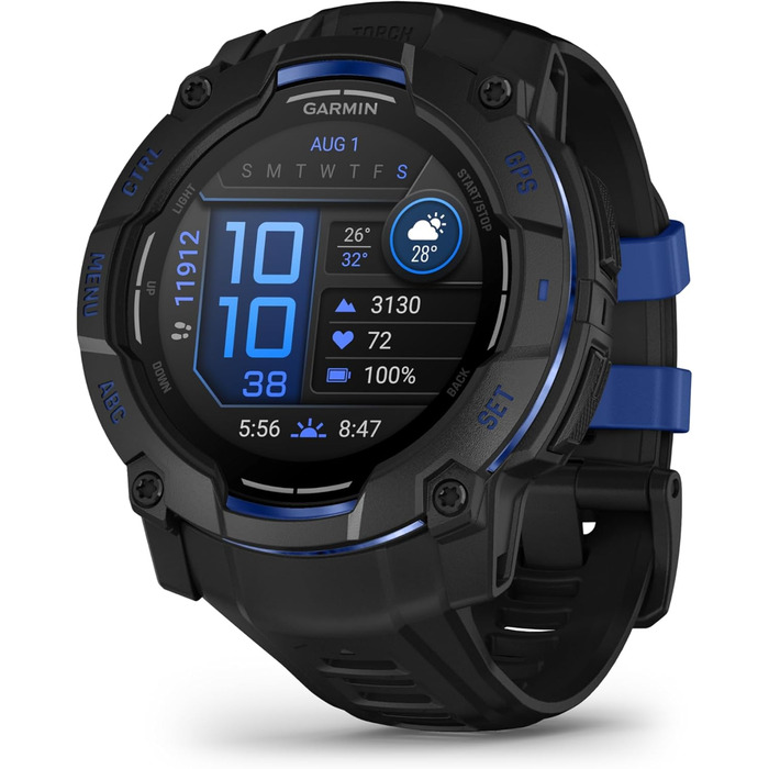 Розумний годинник Garmin Instinct 3 AMOLED: GPS, Multisport, 1.3' дисплей, до 24 днів роботи, 80+ спортивних функцій, здоров'я, LED ліхтарик (50мм, Чорний-Синій/Чорний)