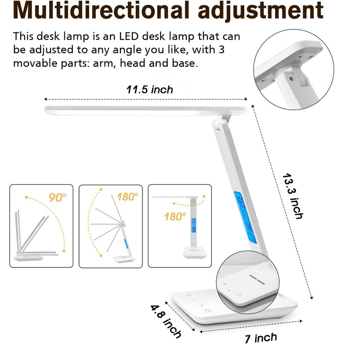 LED настільна лампа з бездротовою зарядкою та USB-портом, диммування, годинник, 3 режими освітлення, Tx26cwhite-eu