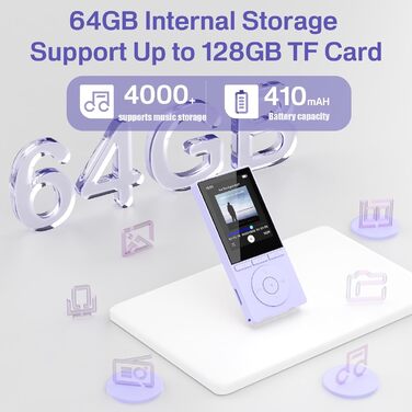 MP3 плеєр 64GB Bluetooth 5.3 з динаміком, записом голосу, E-book, HiFi звук, фіолетовий. Підтримка TF карти 128GB для спорту