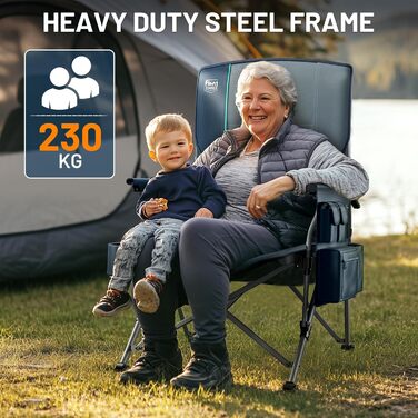 Складний туристичний стілець Timber Ridge XXL (230 кг) з широким сидінням (62 см), високою спинкою, підстаканником та міцними підлокітниками для кемпінгу, пікніка, саду та балкону (Блакитний, 1 шт)