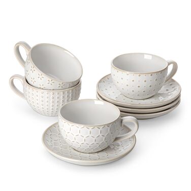 Набір кавових чашок MALACASA з блюдцем, 8 шт., для 4 особи, з рельєфом, 180 мл, кераміка, бежевий