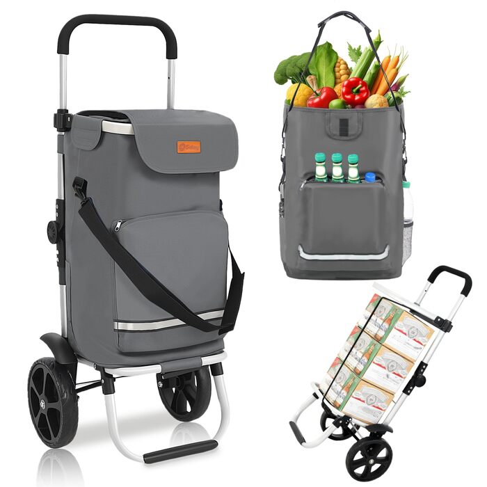 Складаний візок для покупок Sekey 60L з алюмінію, 3-в-1, з кулерним та відділенням для напоїв, для покупок та кемпінгу (сірий)