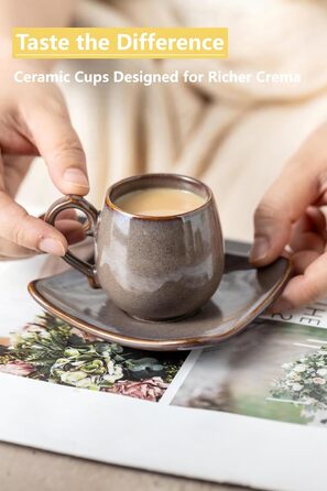 Набір кавових чашок для еспресо LYEOBOH (6 шт.) з підставками, 85 мл, кераміка, білий (A-brown)