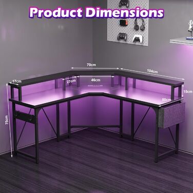 Ігровий стіл 153x153 см L-подібний з LED підсвіткою, 2 розетками, 2 USB портами, полицею для монітора, кутовий комп'ютерний стіл, вугільно-чорний