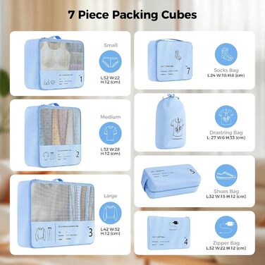 Організатор для валізи Yomisee, набір з 7 частин: Packwürfel Set, сумки для одягу в подорож, органайзер для валізи (блакитний)