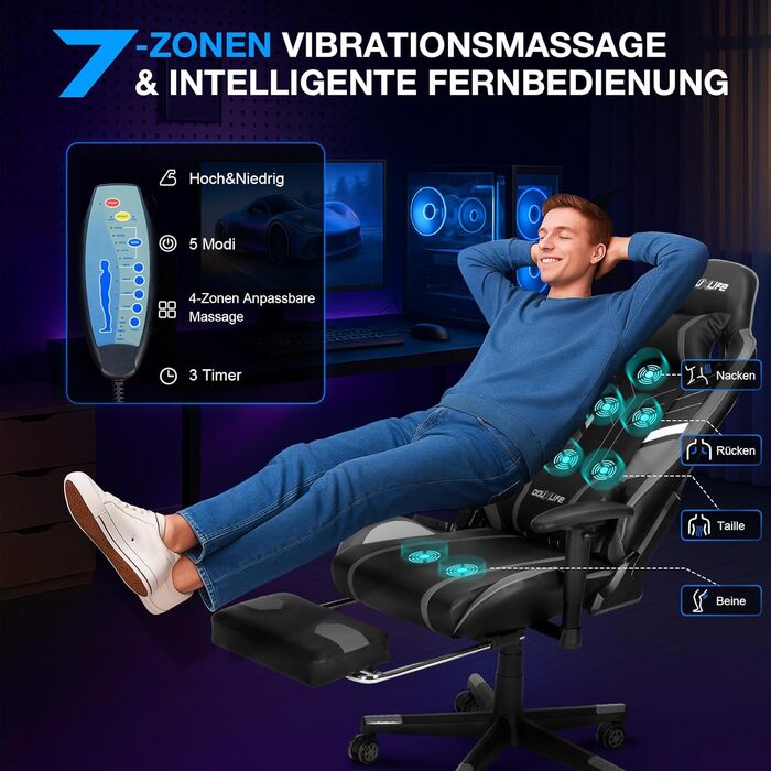 Ігровий крісло Douxlife з масажем, підніжкою, ергономічний офісний крісло, регулювання спинки 90-175°, регульовані підлокітники 2D, для PC геймерів, 150-180 кг, сірий