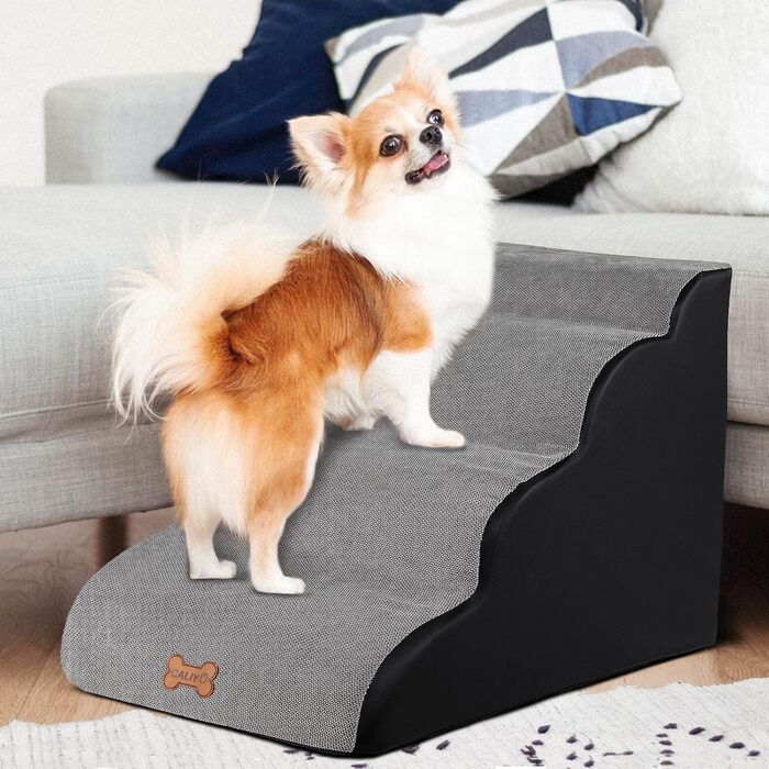 Сходинки для собак Caliyo, 4 сходинки, сірі. Сходи для собак та котів, 40 см, з миючим чохлом та неслизьким дном. Підходять для ліжка, дивану та авто (60×40×40 см)